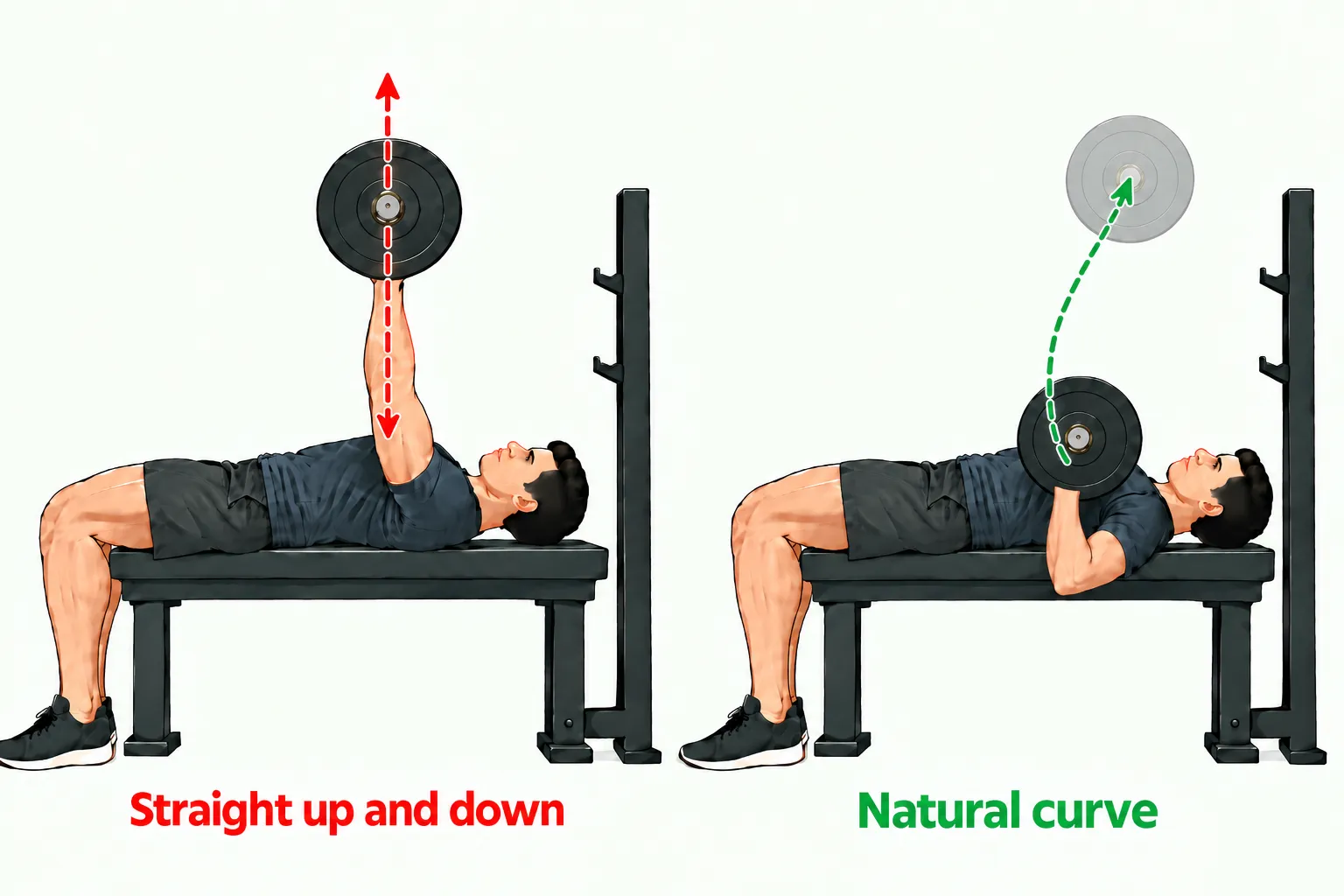 Side-by-side bench press illustration: on the left, a red arrow shows the bar moving straight up and down over the shoulders; on the right, a green arrow shows the bar starting on the lower chest and curving up to finish over the shoulders.